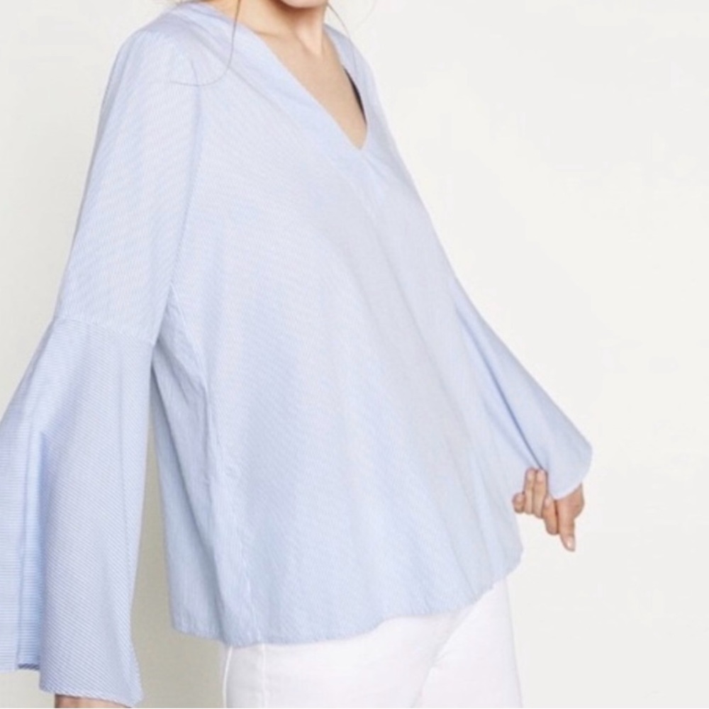 Zara Blue & White Stripes Blouse w/Flute Sleeves - Small